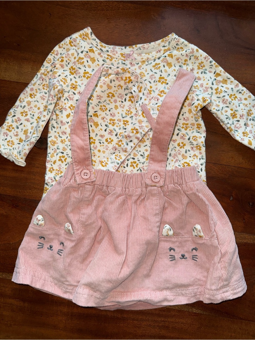 Pink‎ Corduroy Suspender Skirt with Floral Bodysuit
